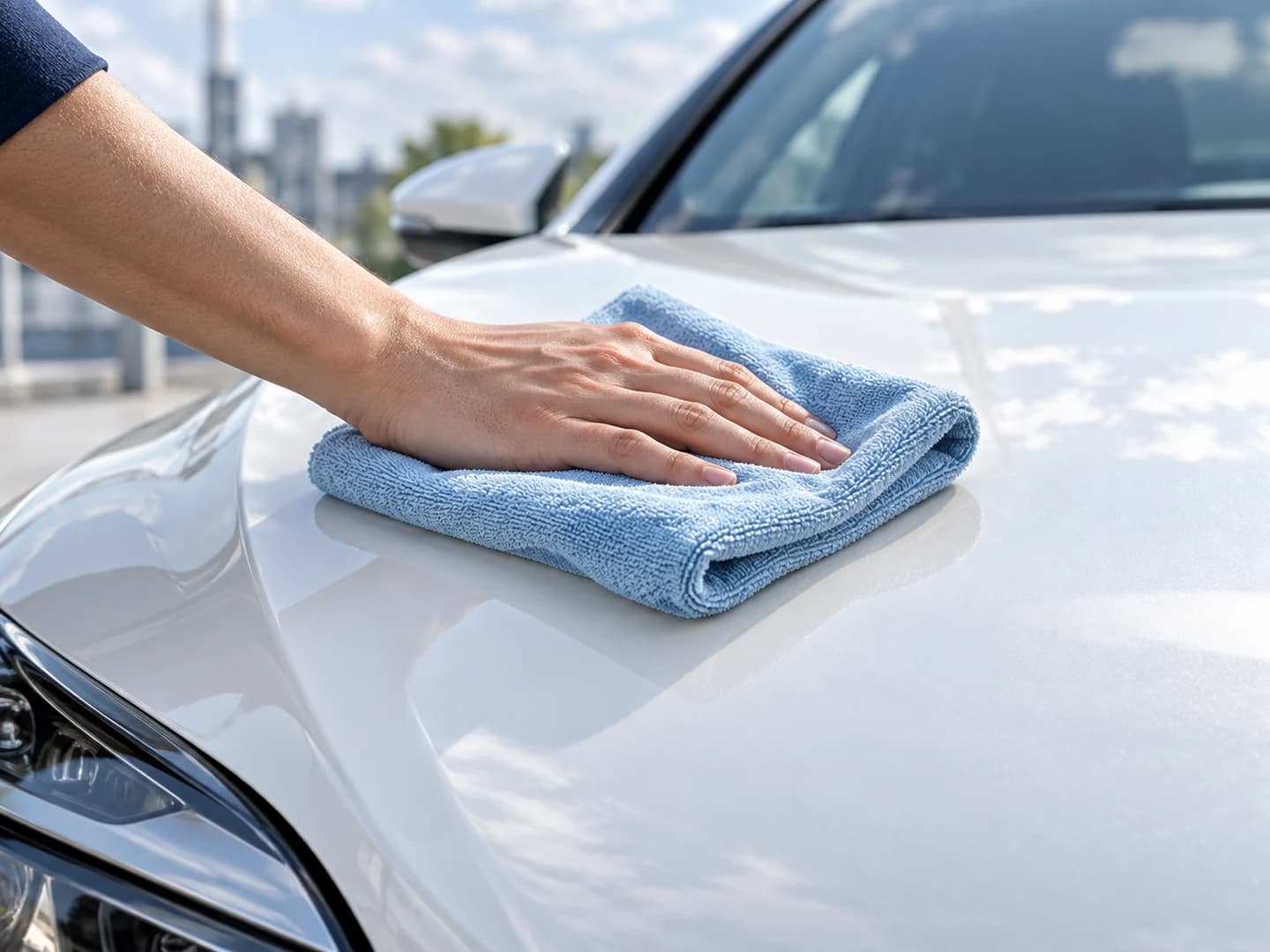柔らかなクロスで白い車のボディを丁寧に拭き上げる手元のイメージ